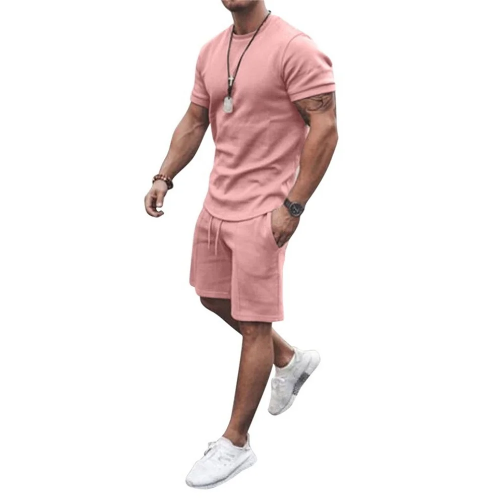 Men's Tracksuit 2 Piece Set Summer Solid Sport Hawaiian Suit Short Sleeve T Shirt and Shorts Casual Fashion Man Clothing man set