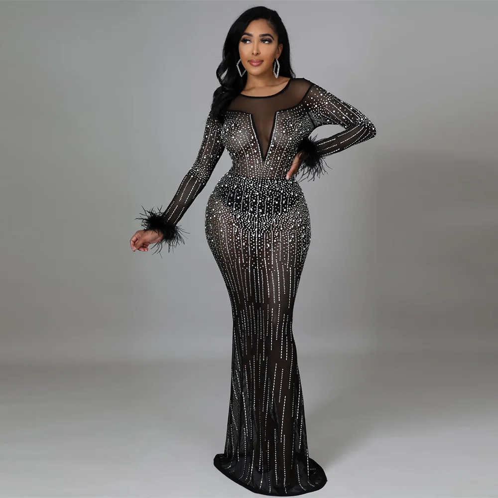 2022 Fashion Mermaid Dress Sequins Dress Solid Transparent Diamond O-neck Long Sleeve Sexy Club Dress Maxi Dresses Vestidos