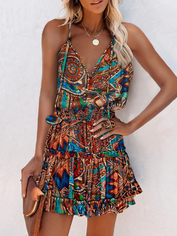 

Женское платье с оборками на подоле, повседневное Элегантное короткое платье в стиле бохо с цепочкой на бретельках, осень 2022