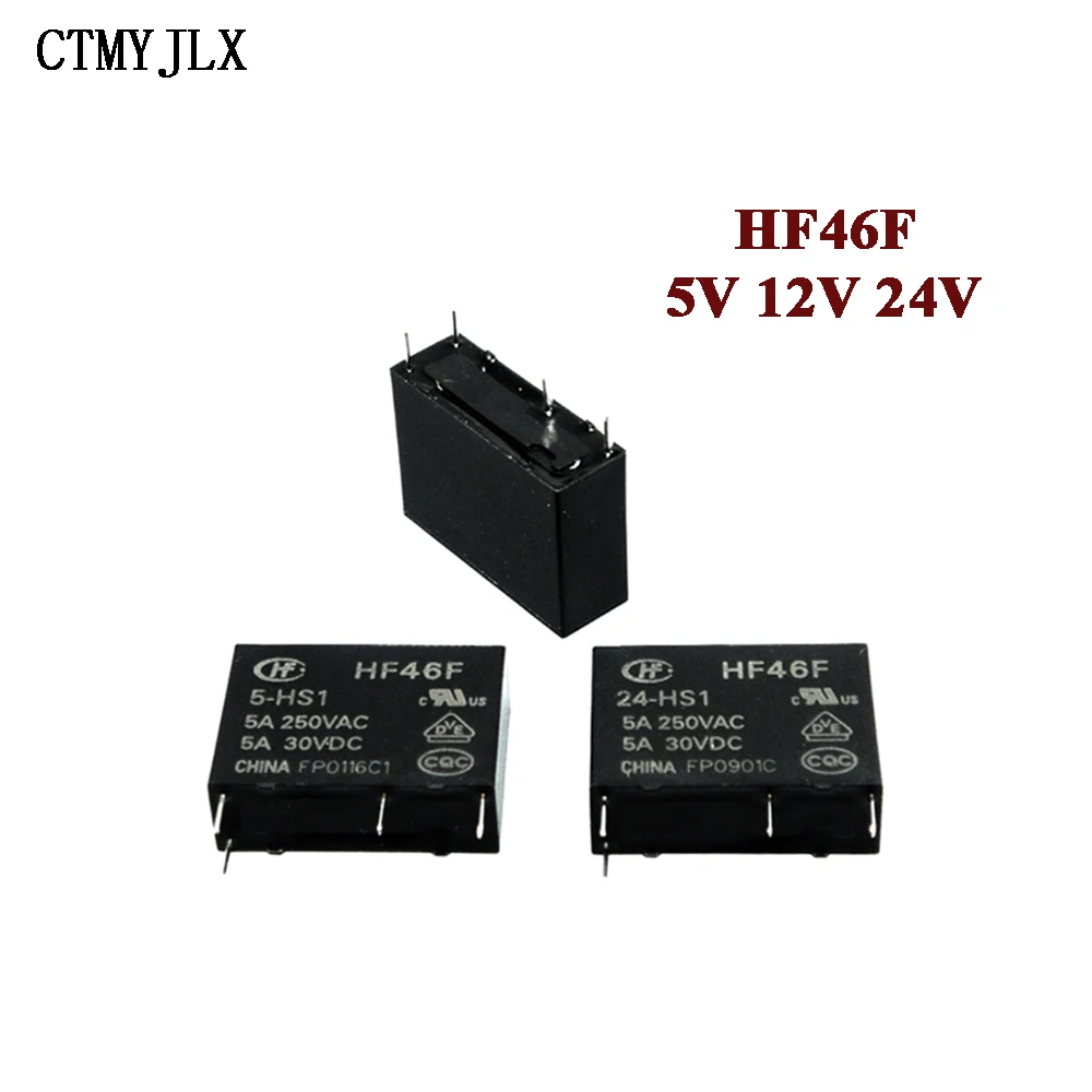 10 шт., реле мощности HF46F, 5 А, 4 контакта, стандартное открытие, 5 В, 12 В, 24 В, 5 А, 250 В переменного тока