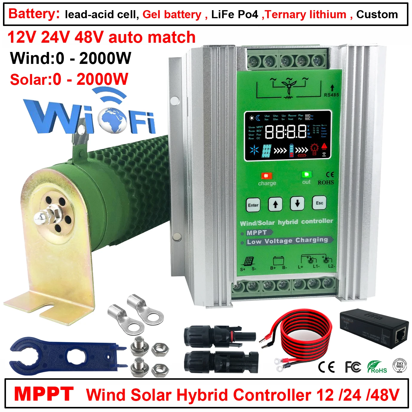 

WiFi 4000W MPPT Hybrid Wind Solar Charge Discharge Booster Controller Dump Load For12V 24V 48V Lifepo4 Lithium Lead Acid Battery