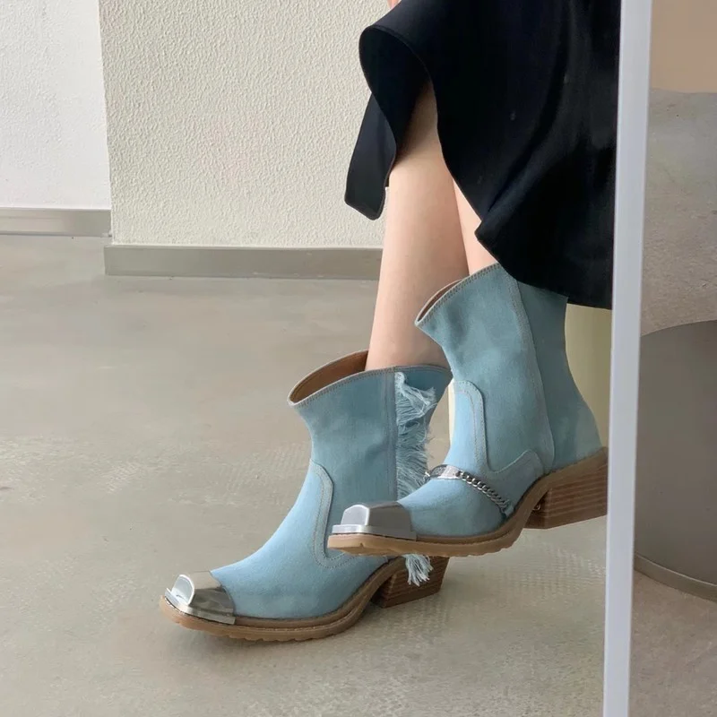 

Metal Decoration Cowboy Blue Boots Square Toe Block Heel Chain Punk Boots Women Western Ankle Boots Sapatos Femininos Zapatos