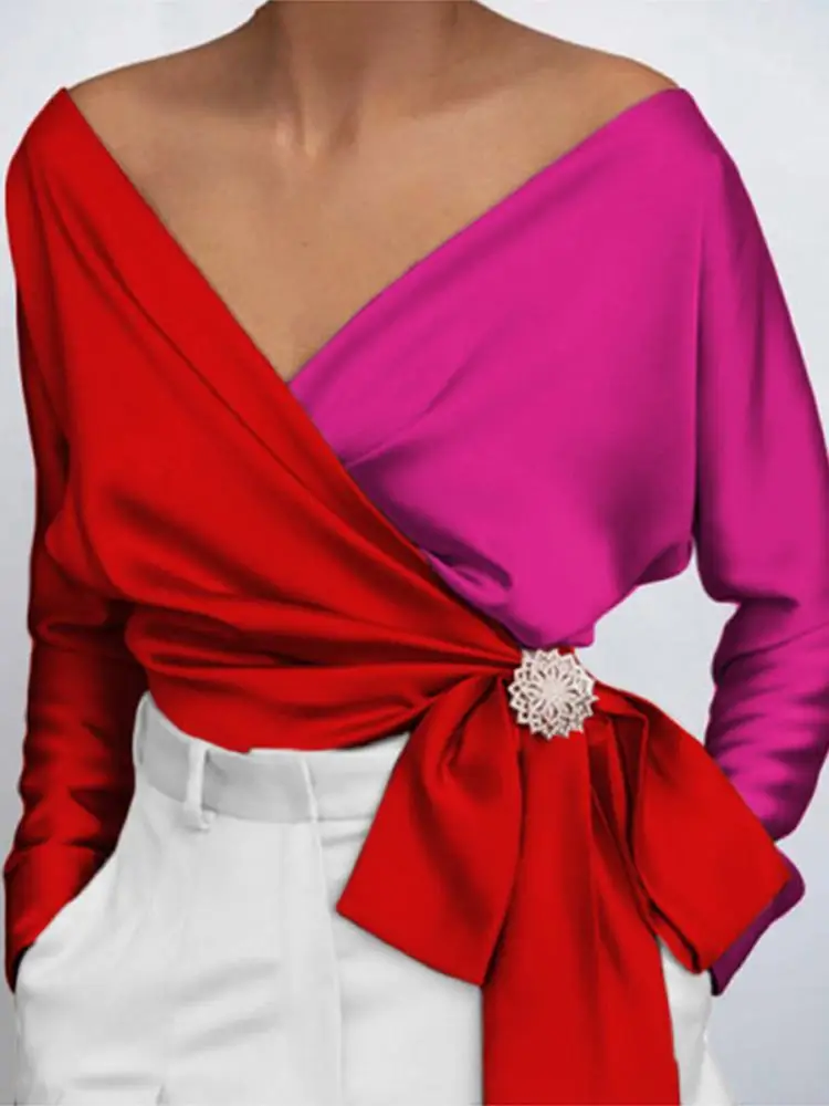 

Рубашка VONDA Женская атласная с длинным рукавом, пикантная Блузка с поясом, топ с V-образным вырезом, цветная блузка в стиле пэчворк, осень 2022