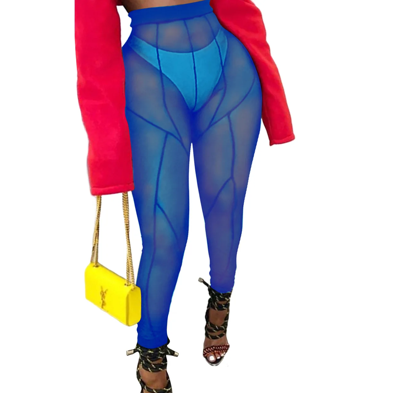 Сексуальные прозрачные сетчатые лоскутные брюки с высокой талией женские