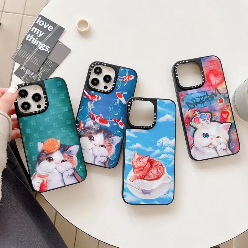 

High Quality Mirror Silver Case For iPhone 11 12 13 14 Pro Max Funda Cute Cartoon Fish Cat 12Pro 14Pro Cover Silicone Soft Coque