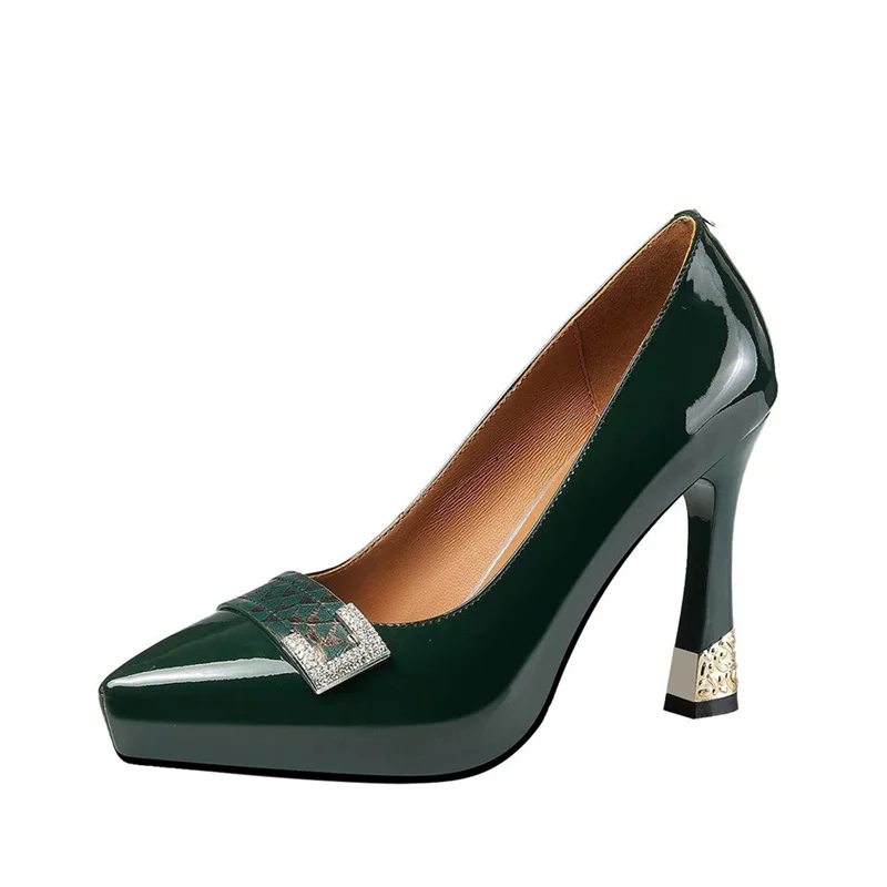 

Women Cute Sweet Green High Quaity Spring Slip on Stiletto Heels Lady Black Real Leather Office Shoes Zapatos De Mujer E393