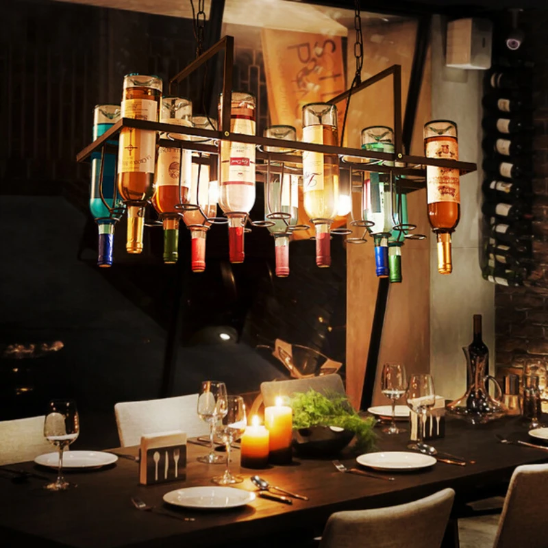 

American Vintage Chandeliers Metal Wine Bottle Creative Pendant Lamps Bar Decoration Clothing Store Restaurant Lighting Fixtures