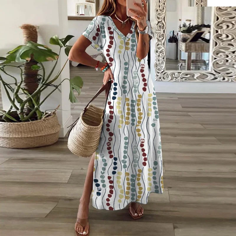 

Summer Beach Maxi Vintage Print Party beachwear For Women ladies sundress Short Sleeve Casual V-Neck Long Dress with Robe chic