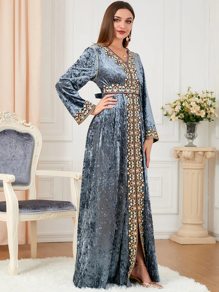 Abayas Women's Floral-embroidered Gold Silk Belt with Long Sleeves Light Luxury Beautiful Velvet Slit Hem Evening Dresses