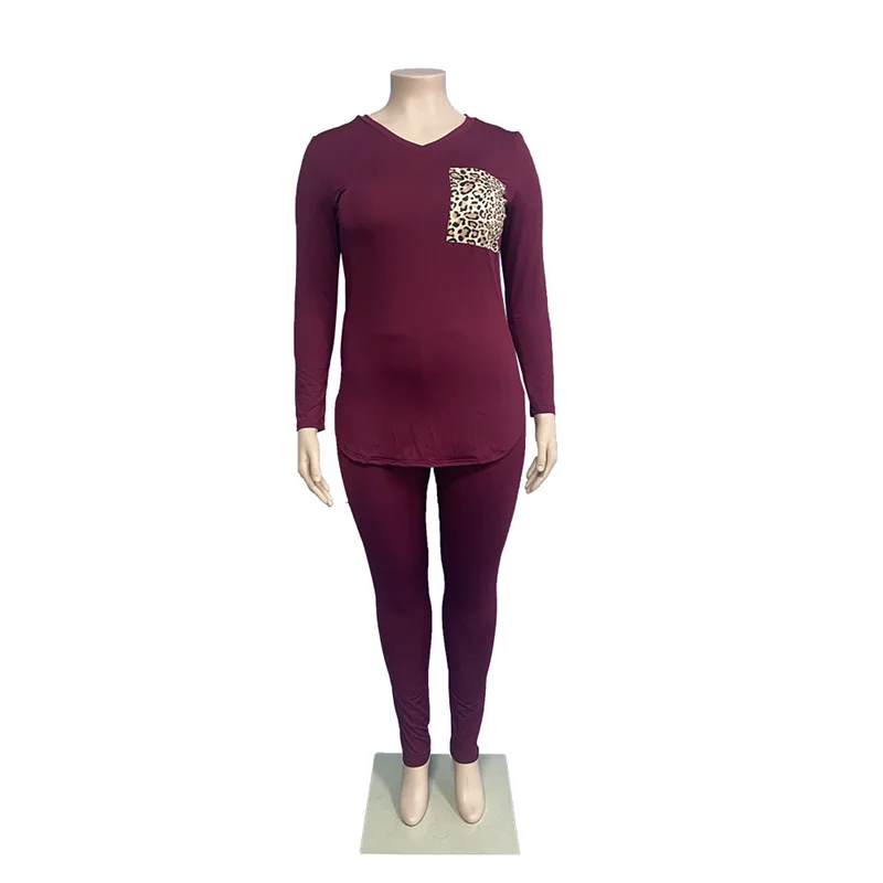 Plus Size Women Clothing Fashion 5xl Long Sleeve Top and Pants Leopard Loungewear Knit Two Piece Set Wholesal 3xl 4xl 5xl 6xl