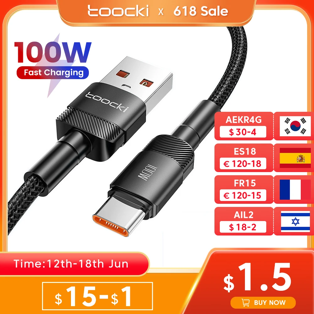 Кабель USB Type-C Toocki, 100 Вт, кабель для быстрой зарядки для Huawei P50, P40, P30 Pro, Xiaomi Realme POCO 5A