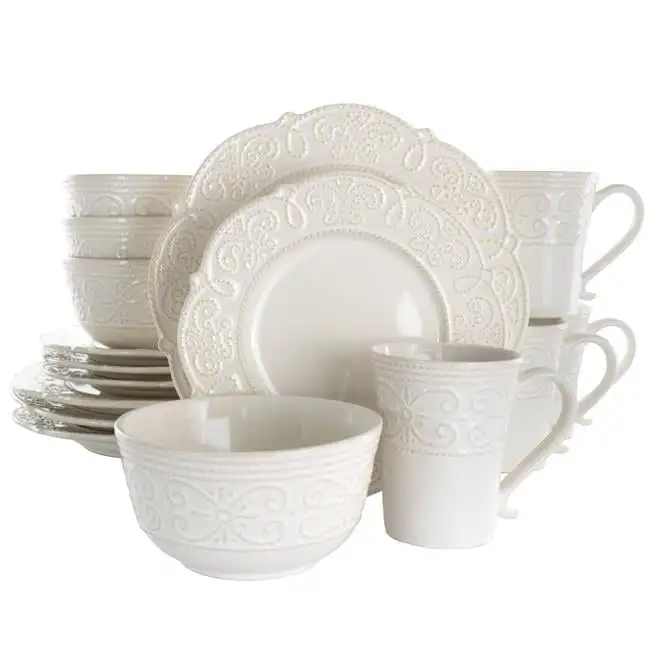 

Luna 16 Piece Embossed Scalloped Stoneware Dinnerware Set in White Tableware Set Restaurant Home Gift Utensils For Kitchen