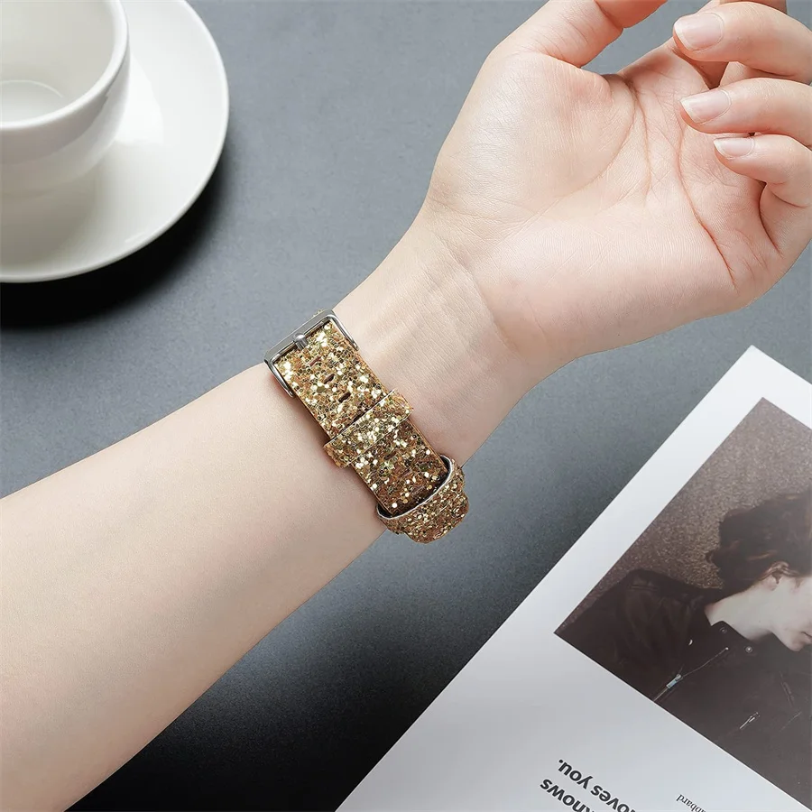 Glitter Leather Band for Apple Watch ultra 49mm 38mm 40/41mm 42mm 44mm 41mm 45mm Shiny Women Strap IWatch Series 8 7 6 5 4 3 SE