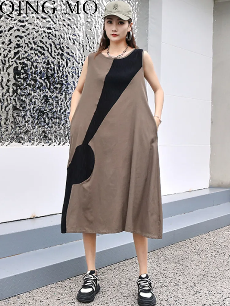 

QING MO Contrast Color Dress 2023 Summer New Design Feeling Round Neck Sleeveless A-line Vest Skirt 230230 ZXF1670