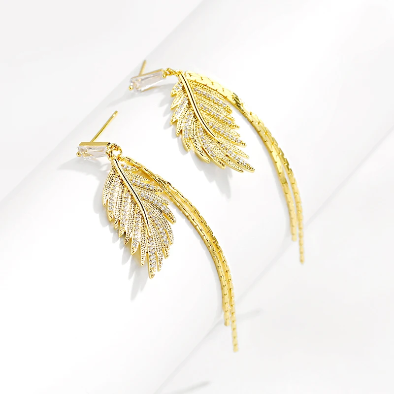 

Luxury 14K Real Gold Plated Leaves Tassel Stud Earrings for women Delicate Micro Inlaid Cubic Zircon Wedding Pendant Jewelry