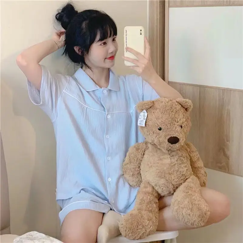 

Korean Style Sleepwear Women Pajama Sets Button Pijama Shorts Sleeve Turn Down Collar Solid Loungewear Home Suit Night Wears New