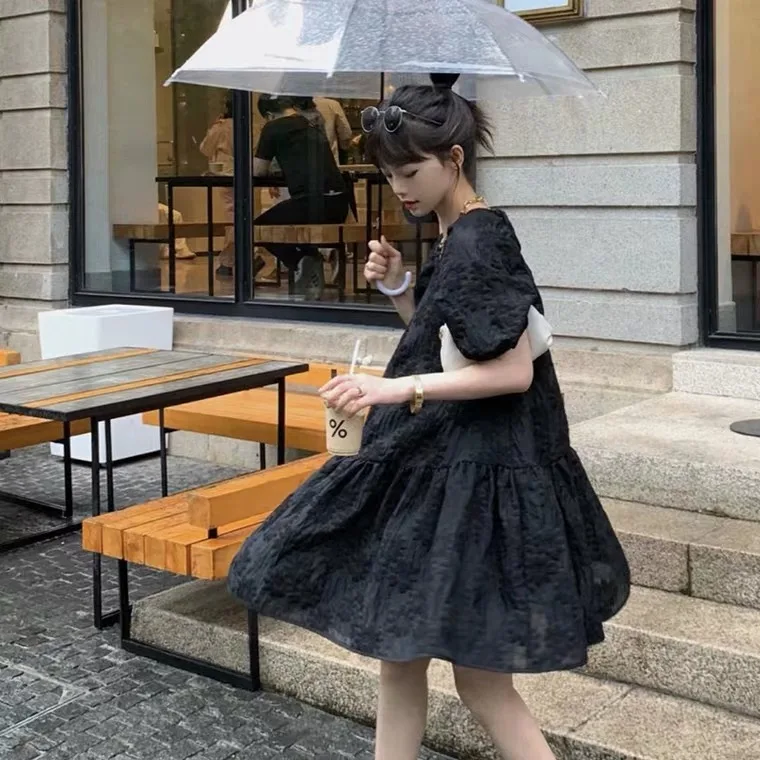 

COIGARSAM Long Dress Women Summer 2022 New French Style Puff Sleeve Black Dresses Dropshipping