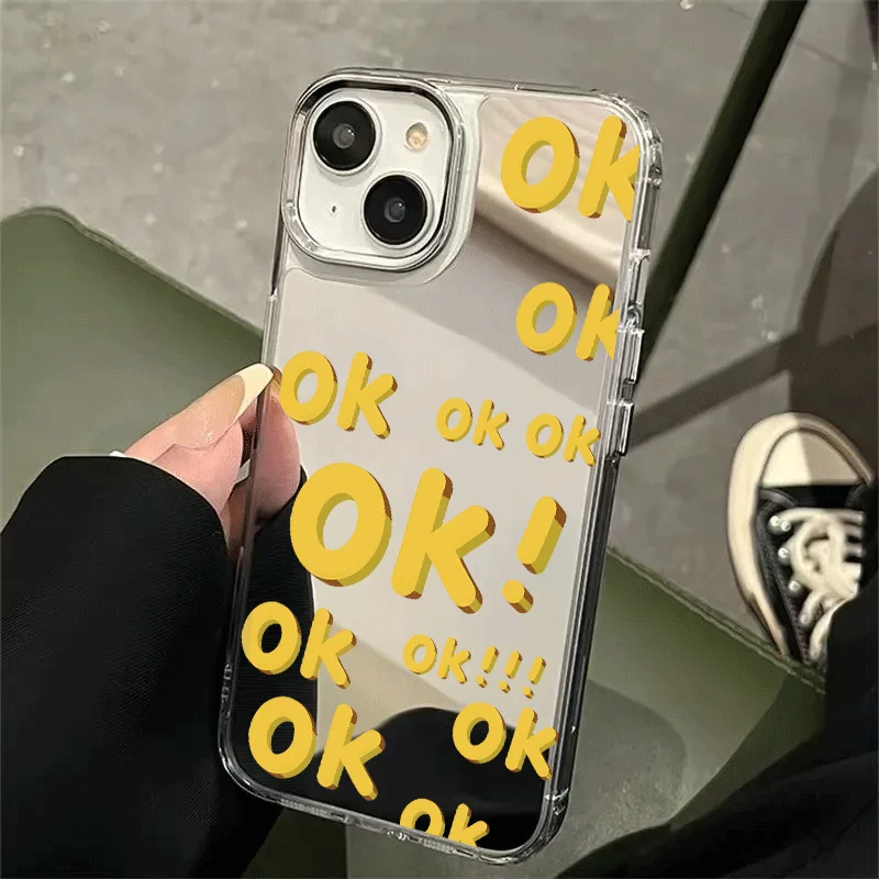 Фото OK Желтый английский зеркальный чехол для телефона с зеркалом для iPhone 17 17Air 16 15 14 13 12 11 Pro Max XR X XS 7 8 Plus Чехол-бамбер №1