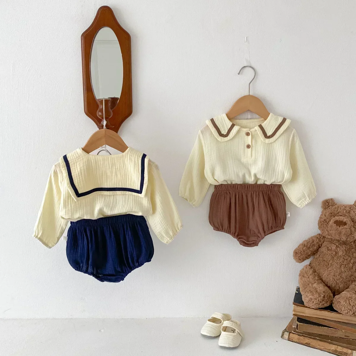 2 шт. хлопковые футболки с длинным рукавом и воротником для новорожденных