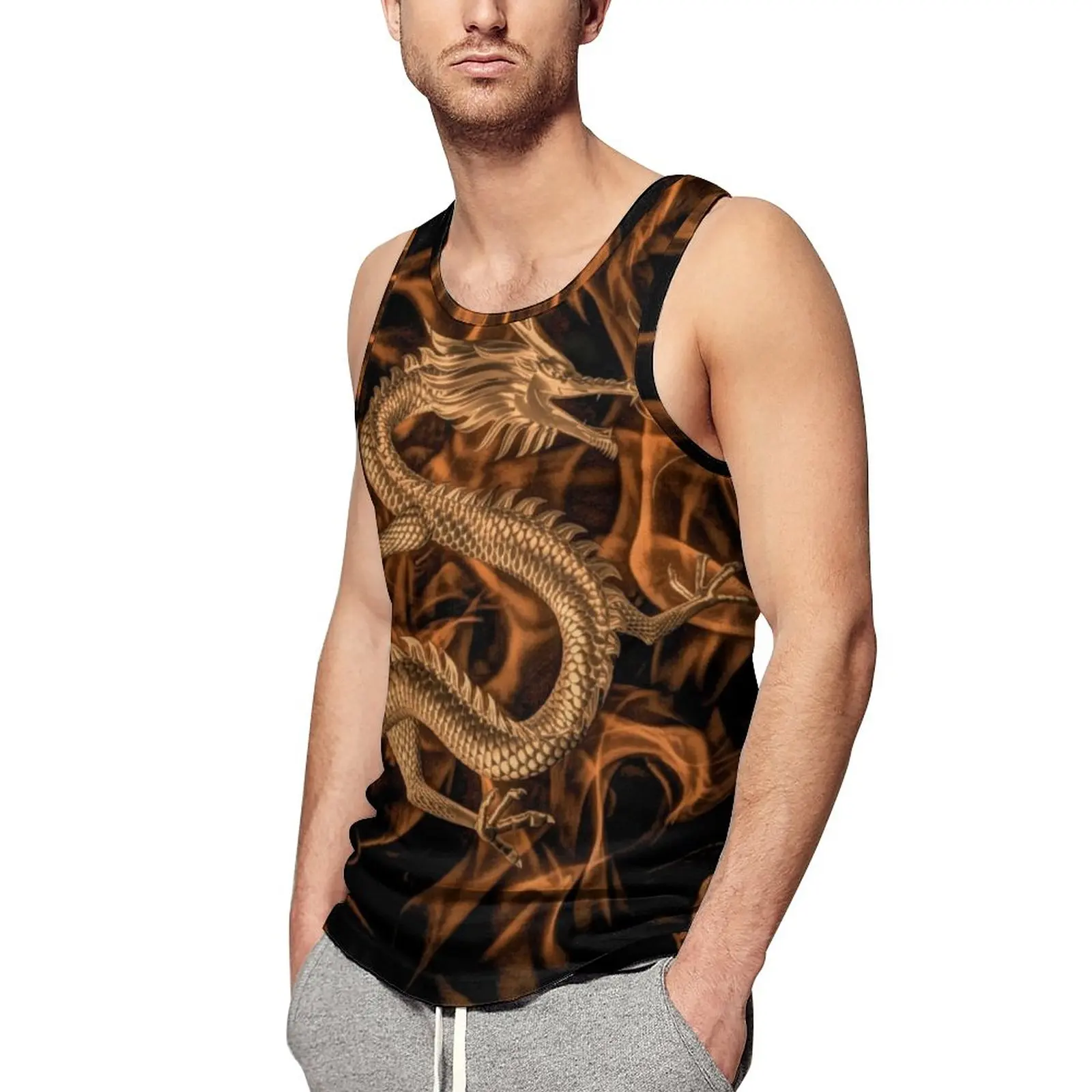

Chinese Dragon Art Tank Top Mens Fire Animal Print Cool Tops Daily Workout Custom Sleeveless Shirts Large Size 4XL 5XL