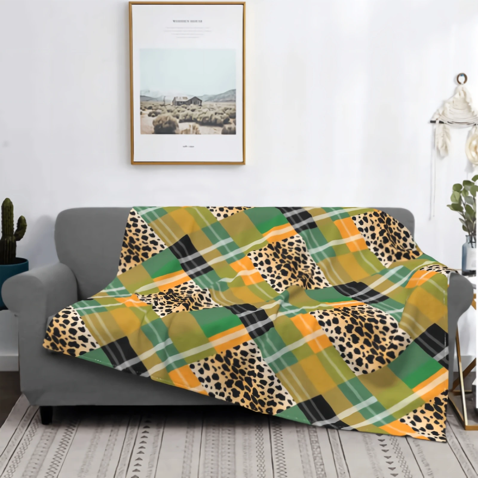 

Scottish Tartan Leopard Spots Blanket for Couch Bed Super Soft Cozy Plush Microfiber Fluffy Blanket Lightweight Warm Throw