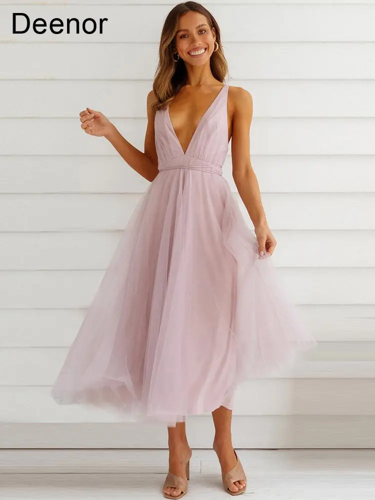 

Deenor 2022 Summer New Suspender Dress Sexy Mesh Dress Bridesmaid Dress V-neck Women's Fashion Dresses