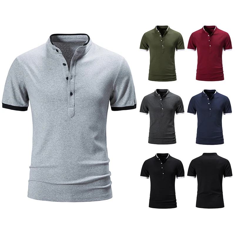 

2022 new summer new men's color matching fashion short-sleeved stand-up collar POLO shirt T-shirt top men's clothing