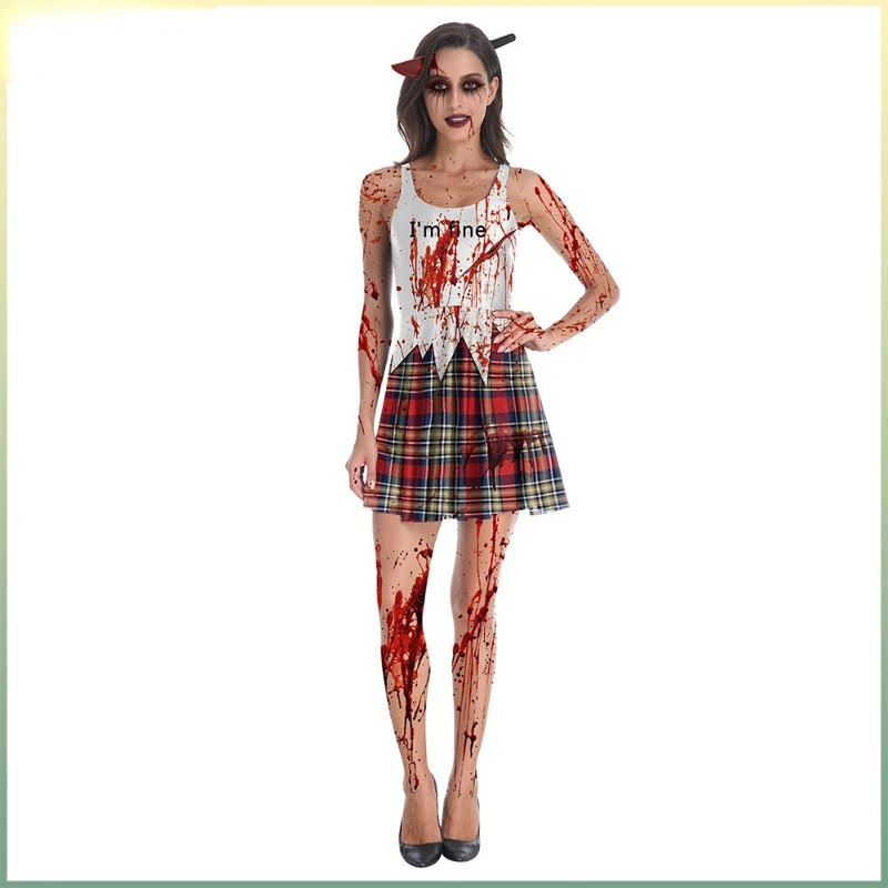 

Кровавое платье для ролевых игр для женщин, костюмы для косплея страшного ужаса на Хэллоуин из полиэстера, Сексуальная Мини Готическая амер...