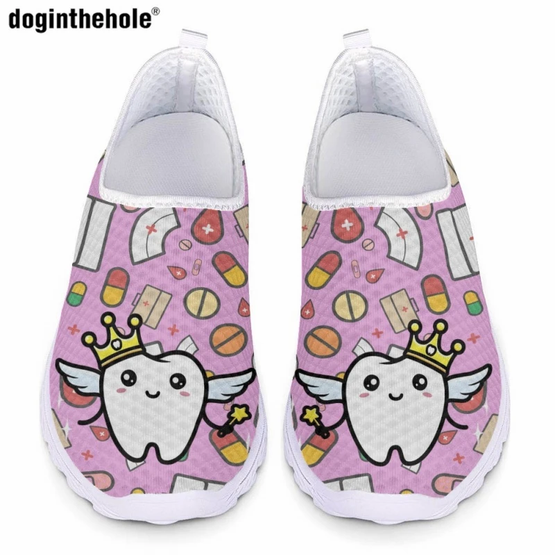 

Doginthehole Women's Fashion New Casual Nurse Shoes Lightweight Comfortable Breathable Mesh Shoes Cartoon Teeth Print Flat Shoes