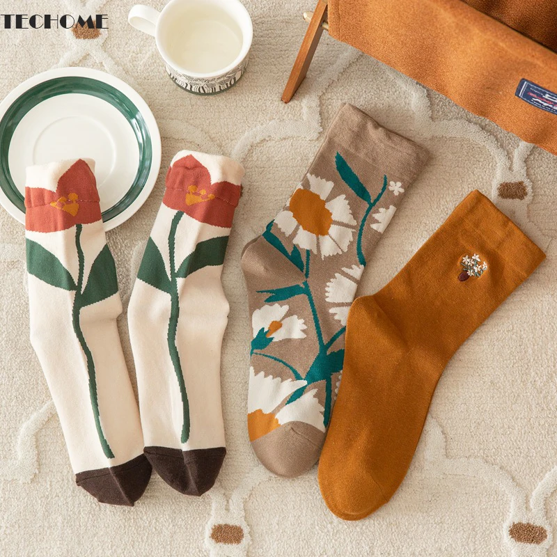 

3 пары/компл. женские носки с 3D цветами, женские осенние носки средней длины, яркие цветные милые носки с цветами, студенческие корейские вес...