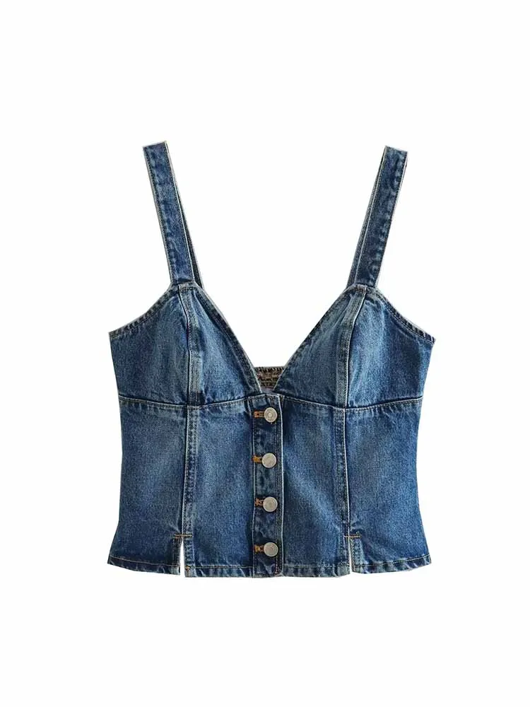 

BSK&ZA&TRF Women 2023 New Fashion Single Breasted Cropped Denim Tops Vintage backless Straps Female Waistcoat Chic Tops 8197/262