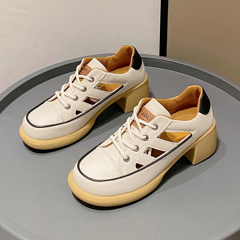 Sandals Women's Genuine Leather 2023 New High Heeled British Style Openwork Casual Single Shoes Roman Luxury Women's Sandals