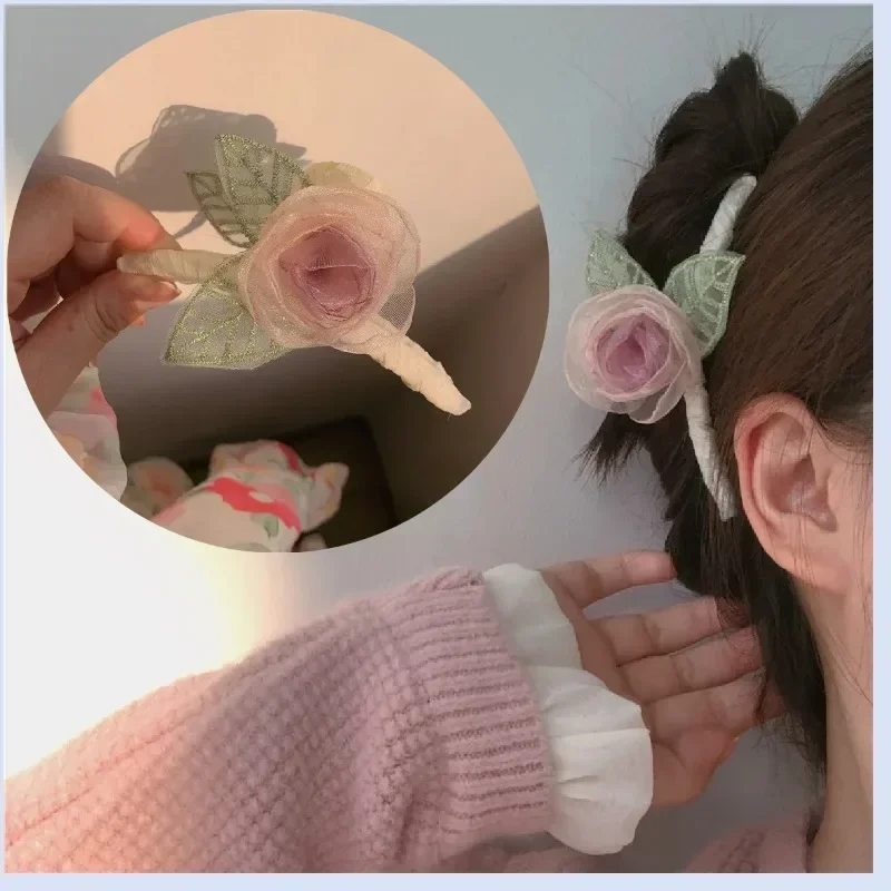 

Elegant Rose Hair Claws for Woman Organza Pink Sweet Flowers Ornaments Hair Clips Women Hair Accessories Korean Fashion Headwear