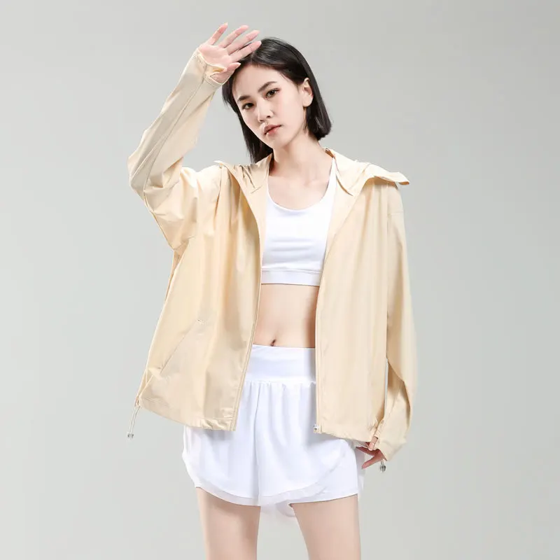 

Summer Outdoor Sun Dress Female Uv Ice Silk Movement Windbreaker Elastic Hooded Breathable Coat Alpine Jacket