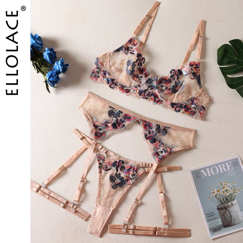 Ellolace Fancy Lingerie Floral Underwear 5-Piece Transparent Lace Intimate Luxury Push Up Bra Panty Set Garter Sexy Outfits