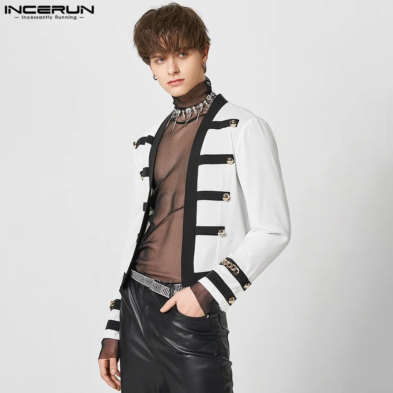 

Stylish Well Fitting Tops INCERUN Men's Contrast Blazer Casual Party Hot Sale Metal Buckle Collarless Cropped Jackets S-5XL 2023