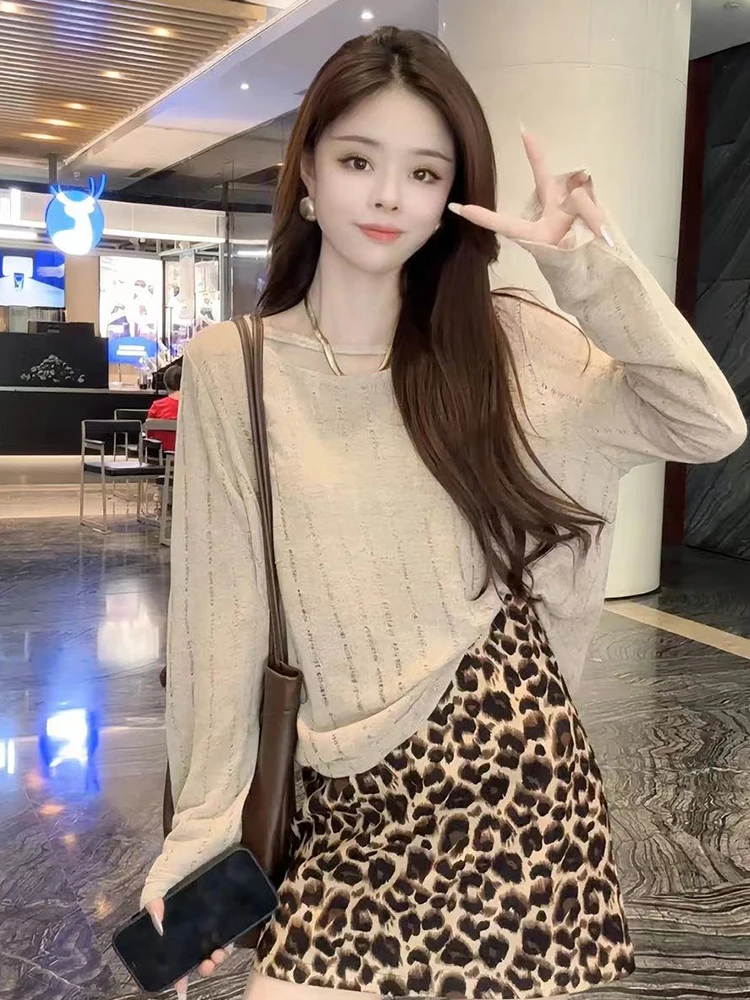 Unique Beautiful Mini Set Deep Autumn and Winter Wear High Sense Graceful Knitted Top Leopard Print Skirt Two-piece