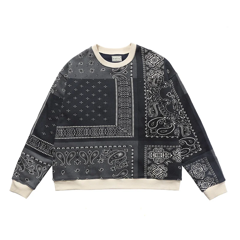 

2021 Top Quality KAPITAL Cashew Flower Irregular Print Sweatshirt Men Women O-neck Hoodie Hip Hop High Street Oversize Hoodies