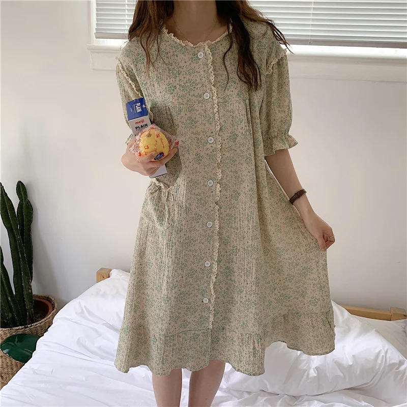 Nightdress for Women Cotton Floral Lace Nightgowns Home Dressing Gown Half Sleeve Summer Sleepshirt Nightwear Sweet Loose Pajama