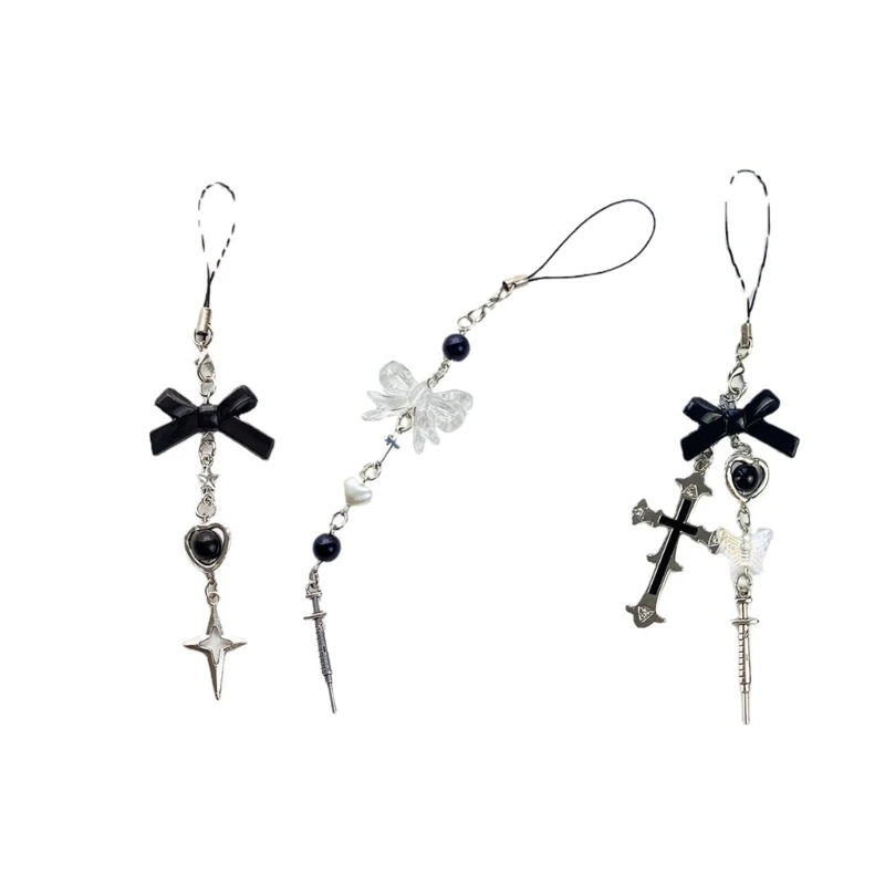 

2023 New Phone Lanyard Wrist Strap Black Cross-Bow-Beads Key Chain Charm Anti-lost Y2K Ins Style