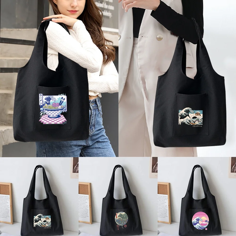 

Women Organizer Bag Canvas Tote Bag New Wave Printed Shoulder Bag Reusable Shopping Bag Casual Supermarket Handbags