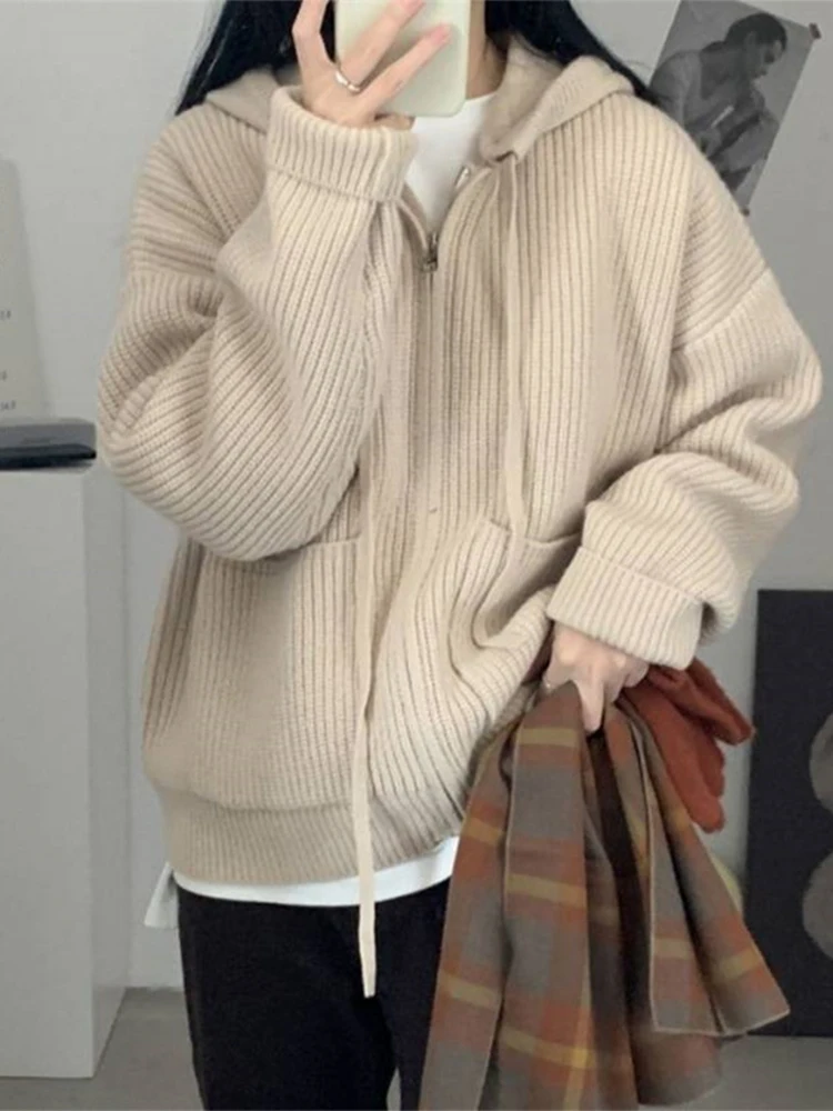 

Autumn Women Knitted Cardigan Preppy Style Korean Style All-match Sweater Coat Kawaii Hooded Zipper Long Sleeve Crochet Jackets