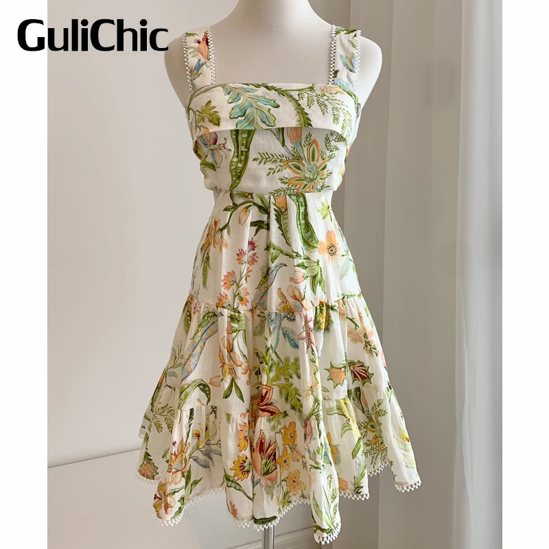 7.15 GuliChic Women Temperament Linen Floral Print Hollow Out Backless Lace-Up  Sleeveless Suspender Dress