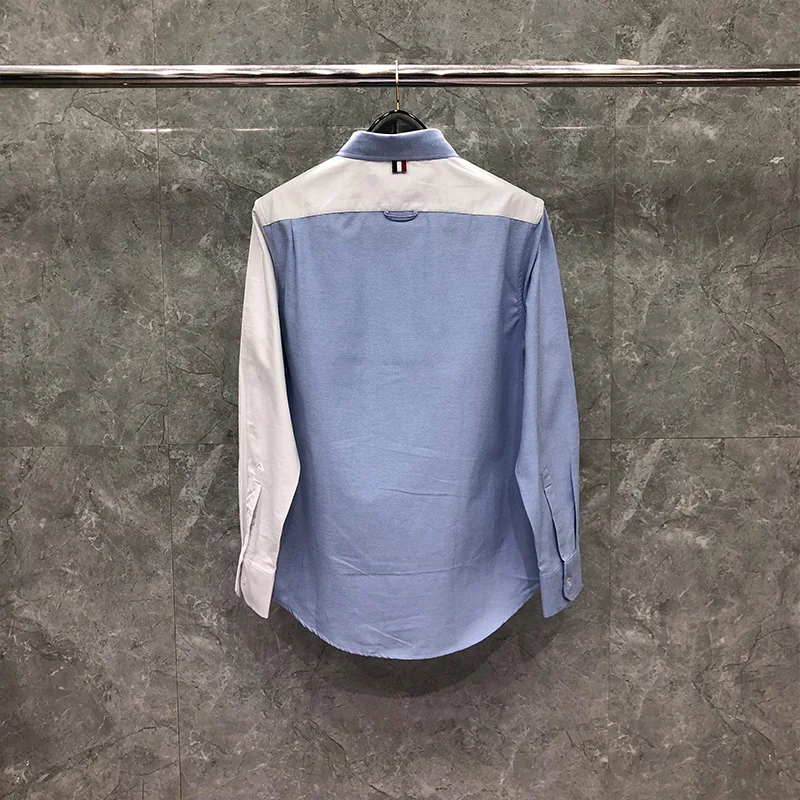 TB Men's Clothes Shirts Slim White Blue Patchwork Mixed Colors Long Sleeve Casual Shirt Turn Down Collar Oxford Men's Clothing