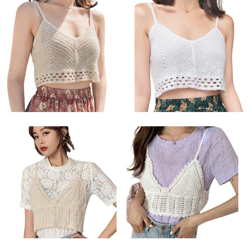 

Women Summer Crochet Knit Camisole Sexy V-Neck Backless Spaghetti Strap Crop Top Solid Color Slim Mini Vest Beach Shirts