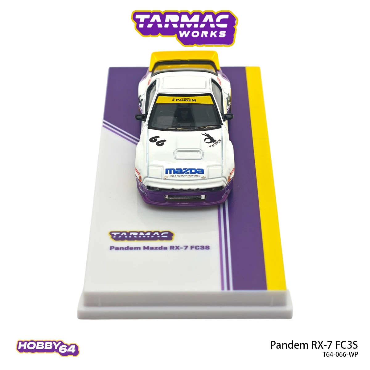 Фото В наличии: Коллекционная модель автомобиля Tarmac Works Hobby64 T64-066-WP 1:64 Pandem RX-7 FC3S, бело-фиолетово-желтая ливеринг-комбинация, ширококузовная, литая под давлением. №5