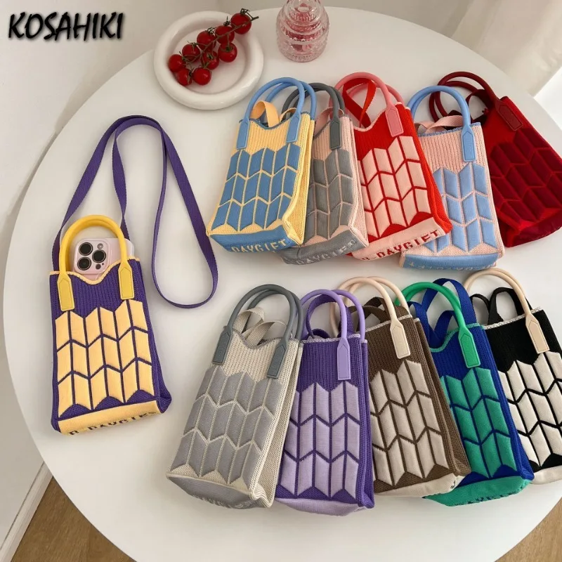 Лоскутная вязаная миниатюрная сумка для сотового телефона контрастных цветов