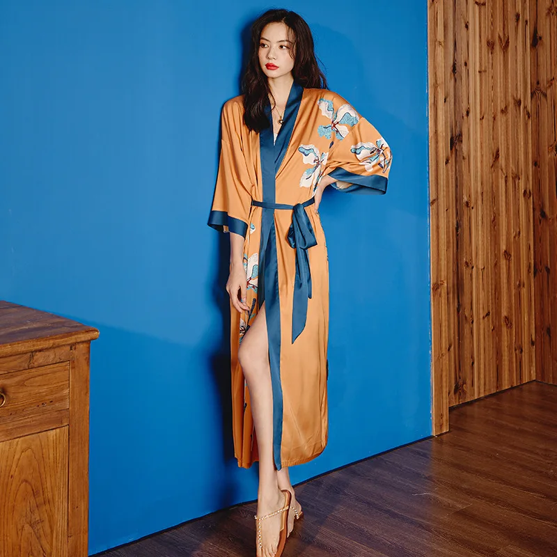 Атласное шелковое платье для сна ночная рубашка женская одежда кимоно халат с