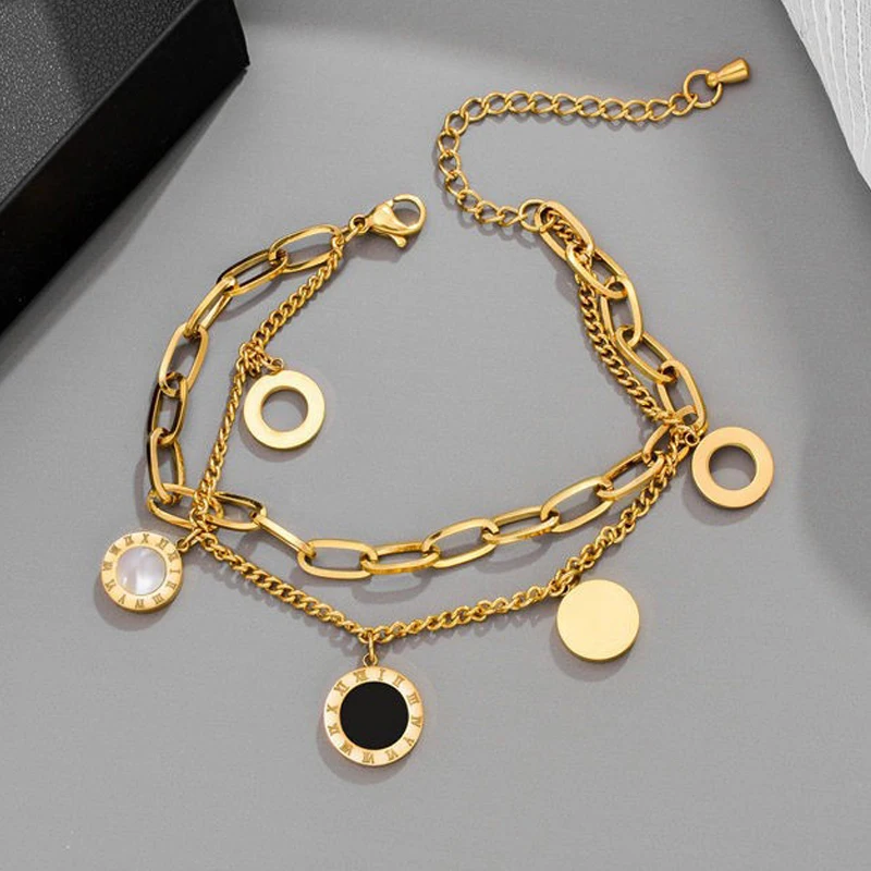 

Stainless Steel Layered Golden Pendant Bracelet For Women Retro Punk Roman Numeral Double Bracelet Jewelry 2022 New Accessories