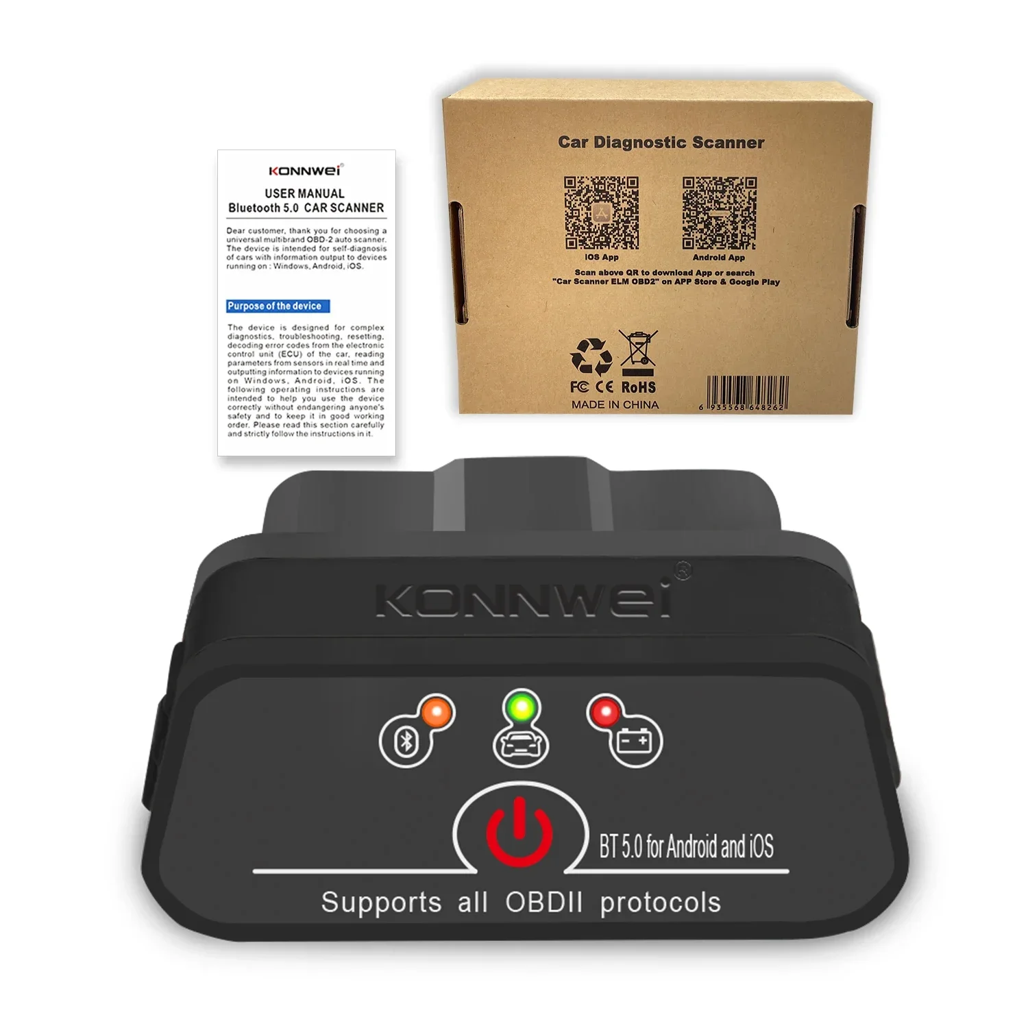 KONNWEI KW901 ELM327 V1.5 Bluetooth 5.0 OBD2 сканер для Android/IOS OBD 2 автомобильный диагностический